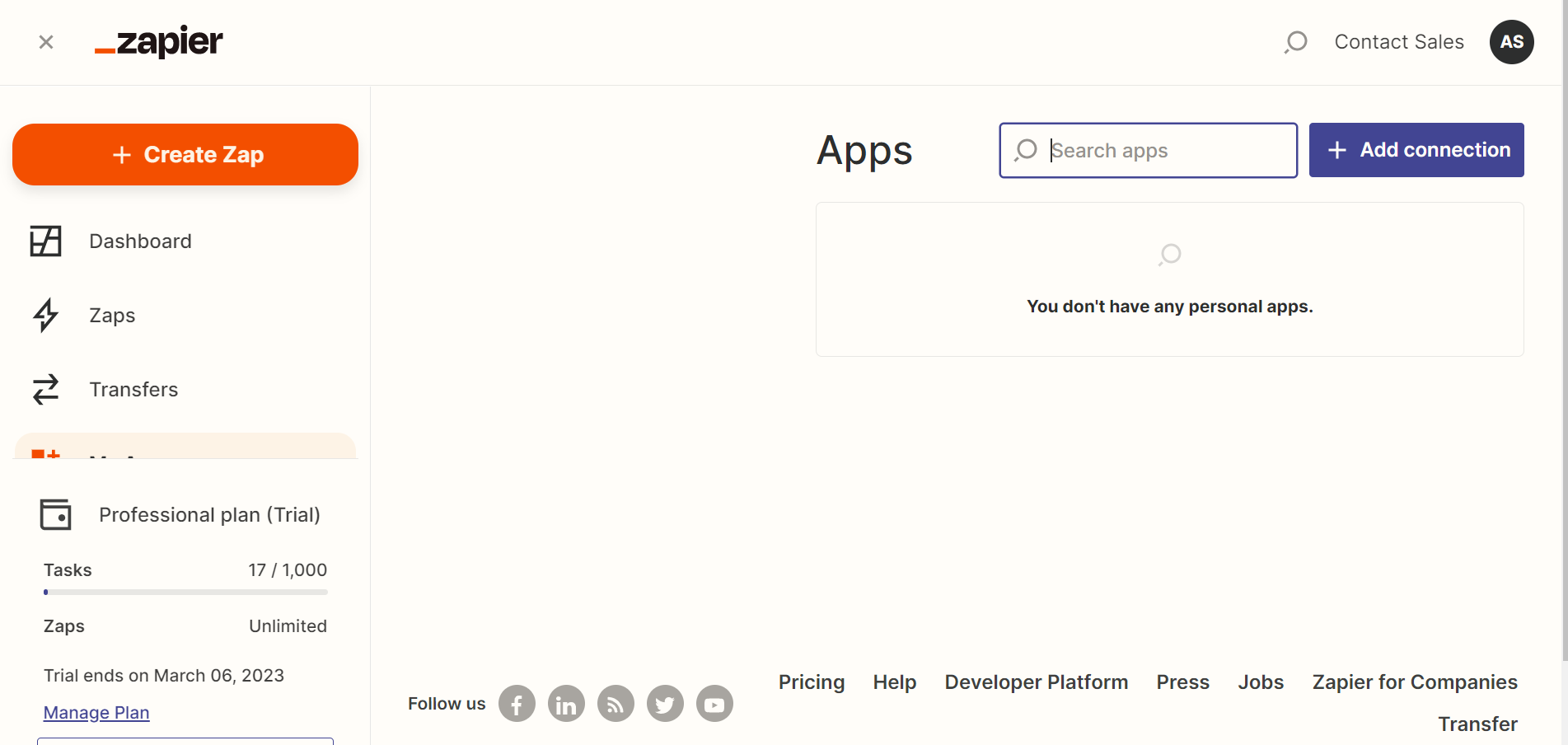 Log in to your Zapier account and click on "My Apps"