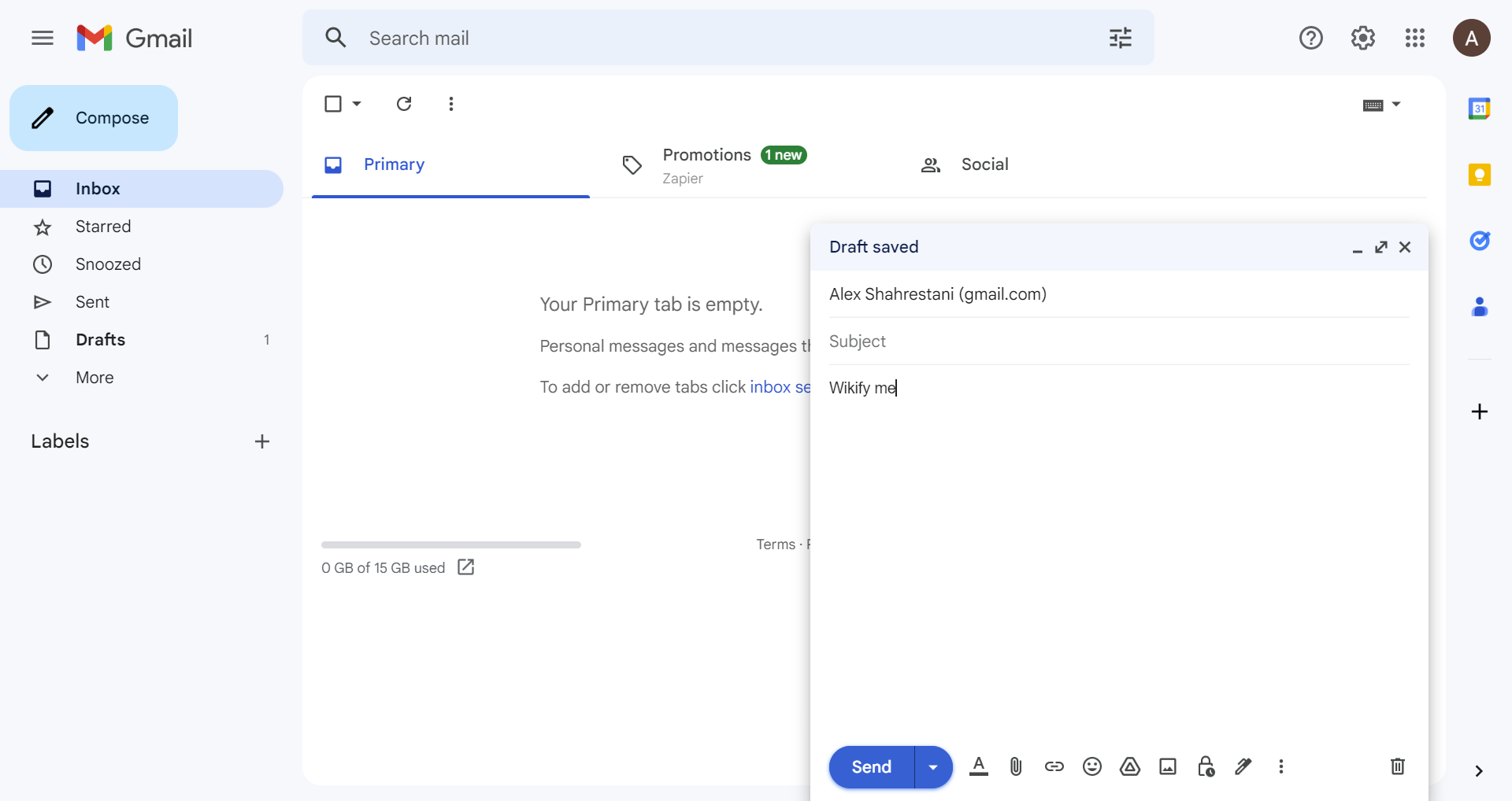 In a new browser window, go to Gmail and send yourself an email with "Wikify me" in the body of the email. This is only for testing purposes.