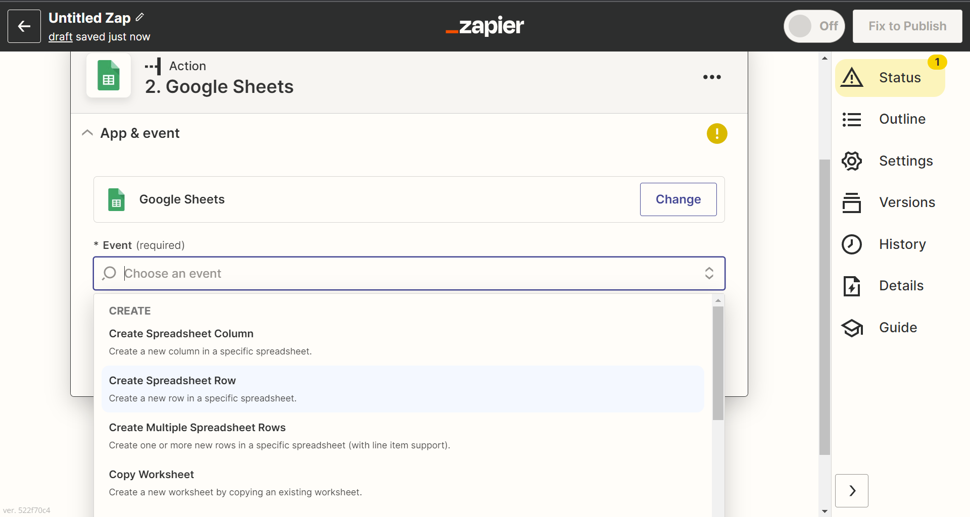 Click the "Test" button, and connect an action if the test is successful. Connect "Google Sheets" and select "Create Spreadsheet Row." Repeat the previous steps if your test was unsuccessful.