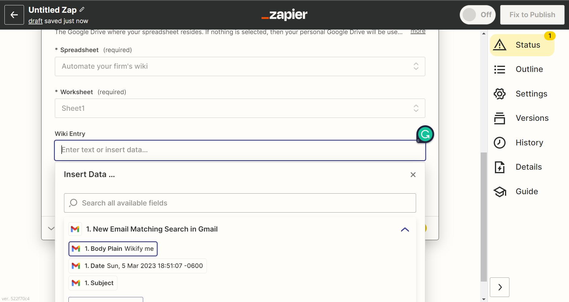 Go back to Zapier, and under the "Wiki Entry" field, you will insert the data from the previous step, "Body Plain," plus whatever other text you included in your test email, if any.