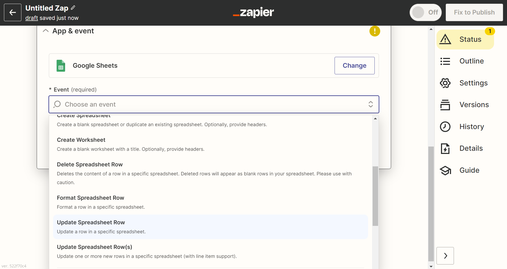 Connect another Action. Action 4 will be a "Google Sheets" Action, and the Event will be "Update Spreadsheet Row."