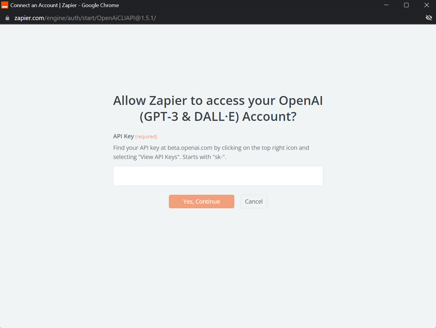 Zapier will request your "API Key."