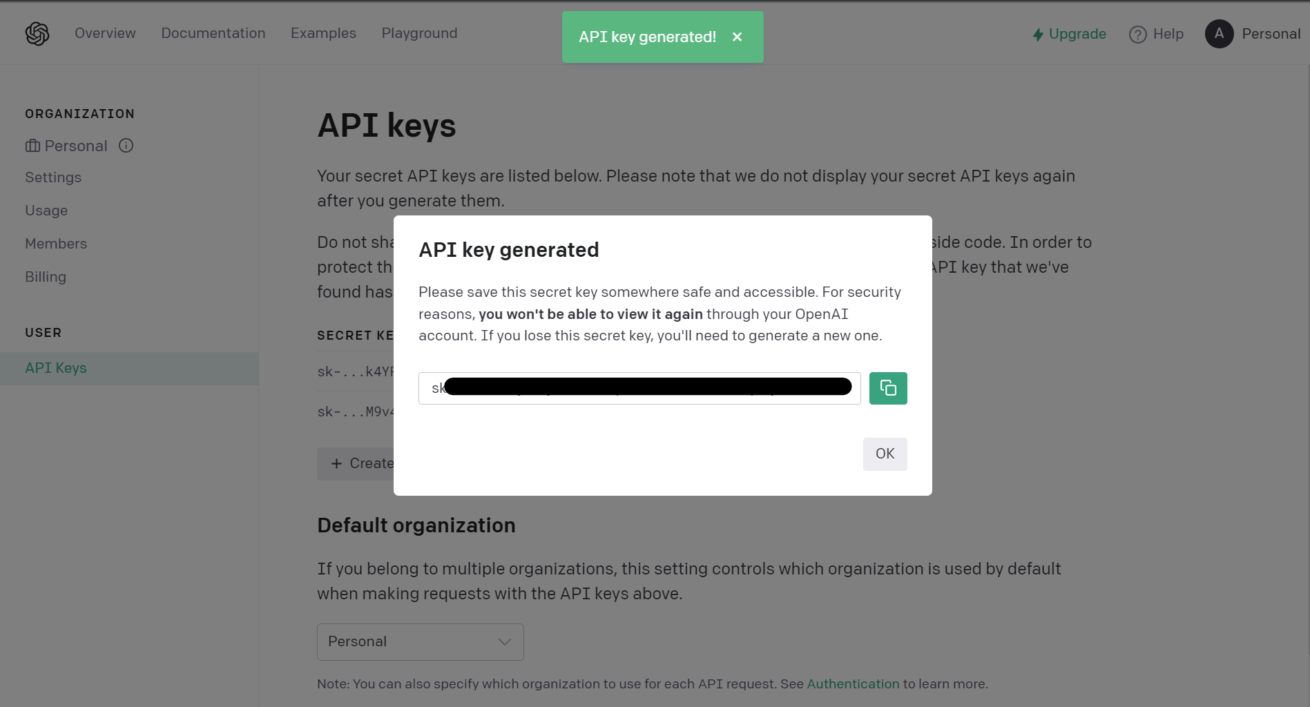 Copy the API key that is generated for you, and keep it in a safe place. Treat your API key like you would a password.