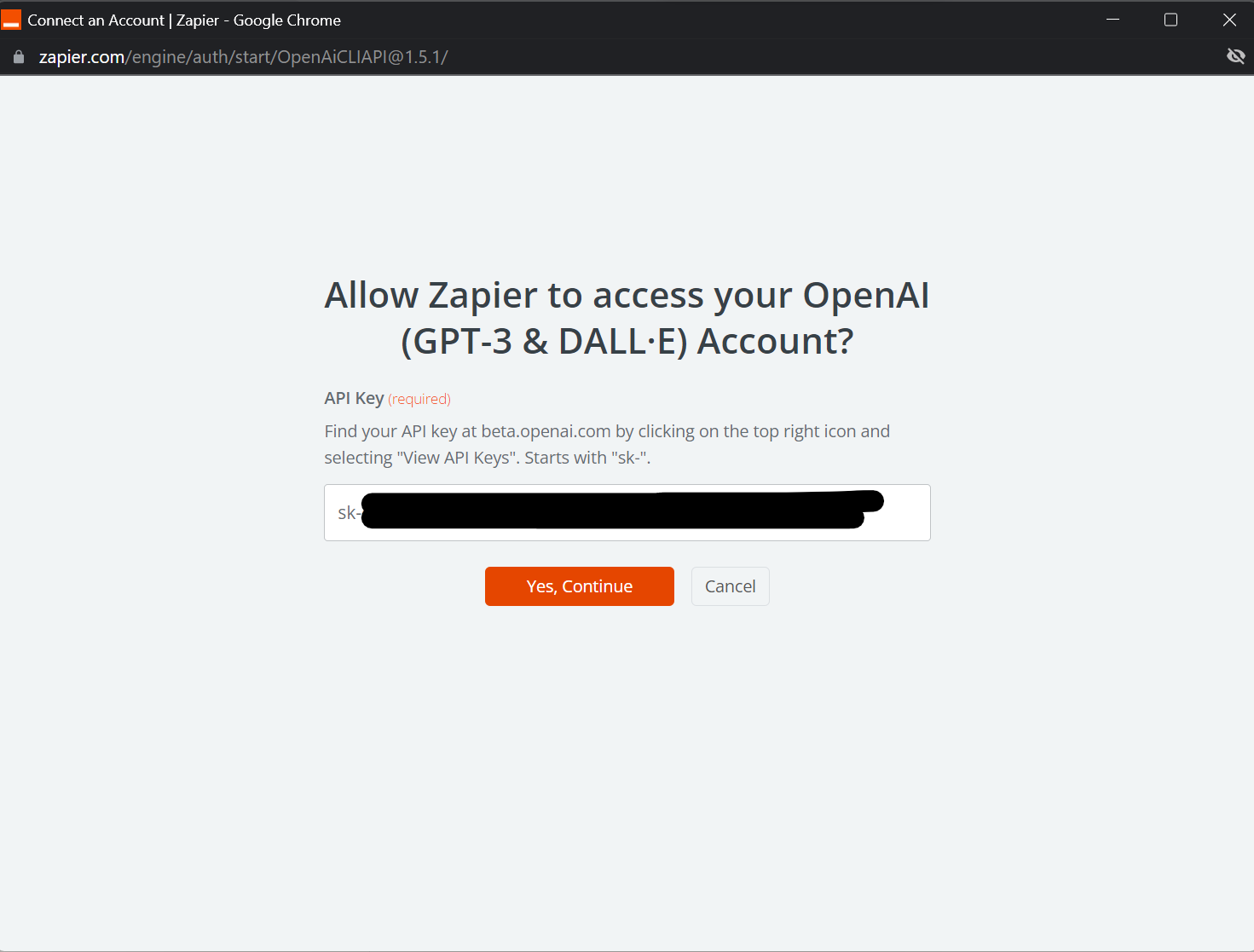 Go back to Zapier and paste your OpenAI API Key into the form field.