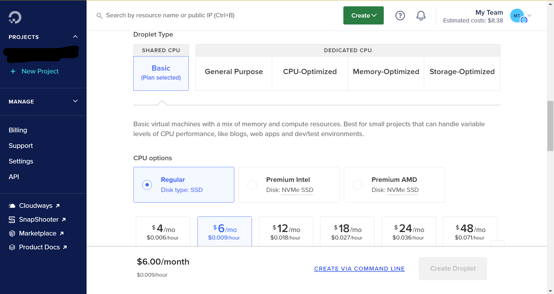 You can get away with a "Basic" Droplet with the shared CPU, the Regular disk type (SSD), and the $6/month Droplet computing power. You might even get away with the $4/month Droplet, but you risk underpowering your server and having your automations fail.