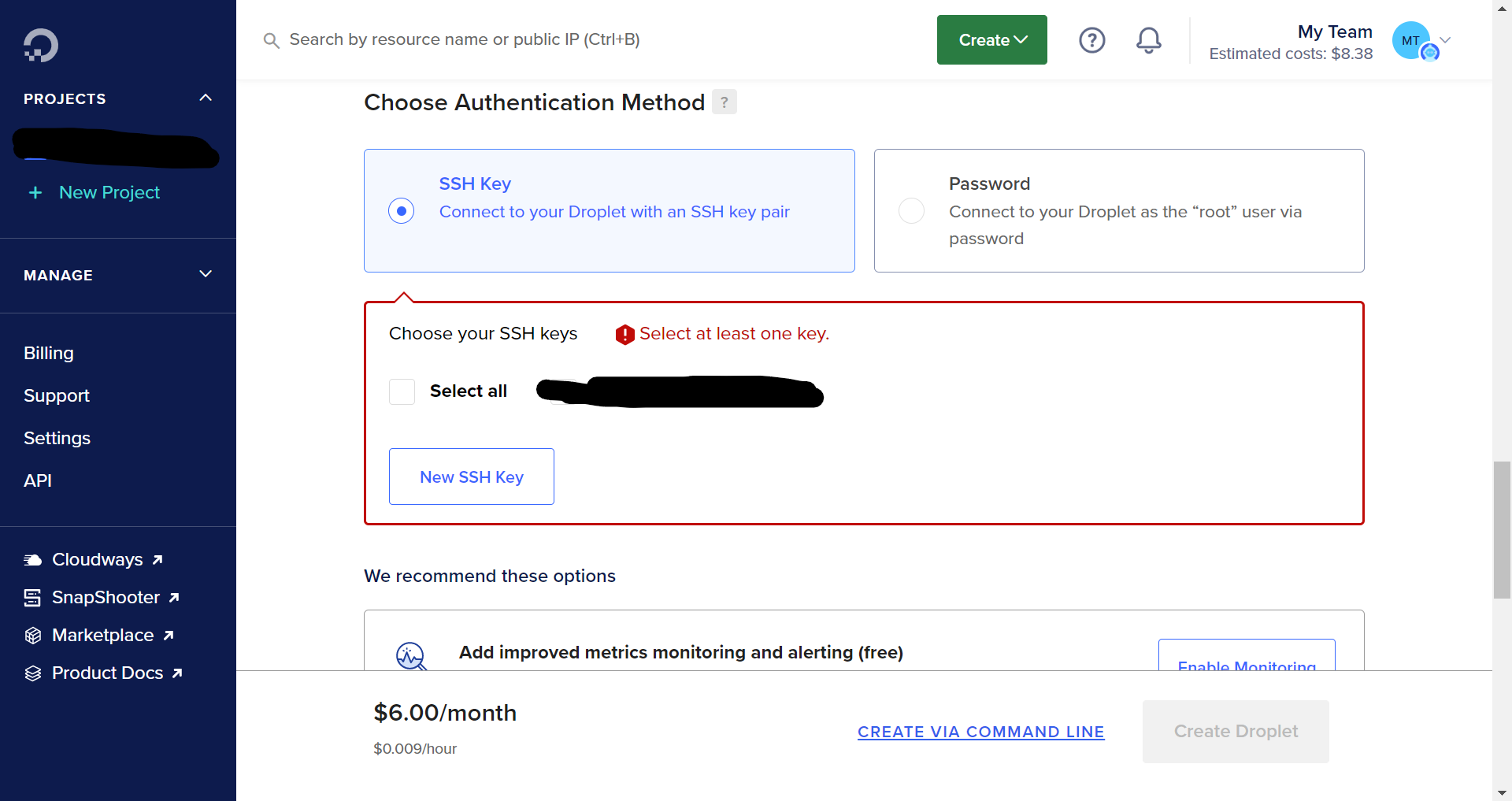 Under Authentication Method, you can select either Password or SSH Key. A password might be familiar, but an SSH key is far more secure. Choose the SSH key and select "New SSH Key." Once the key is created, we will be saving it to Digital Ocean, but you can keep it with other passwords if you want the extra peace of mind.