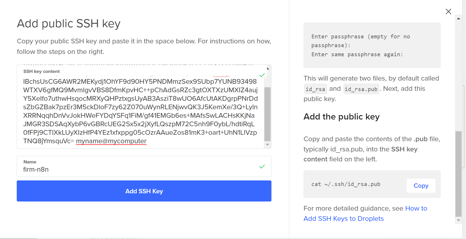 Copy the block, go back to Digital Ocean, and paste the content into the box, then click "Add SSH Key"