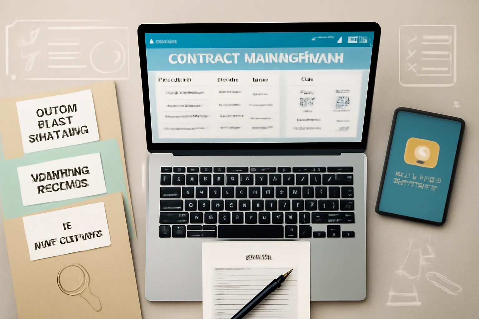 Organized workspace with digital and physical vendor contracts and legal tools for managing contracts