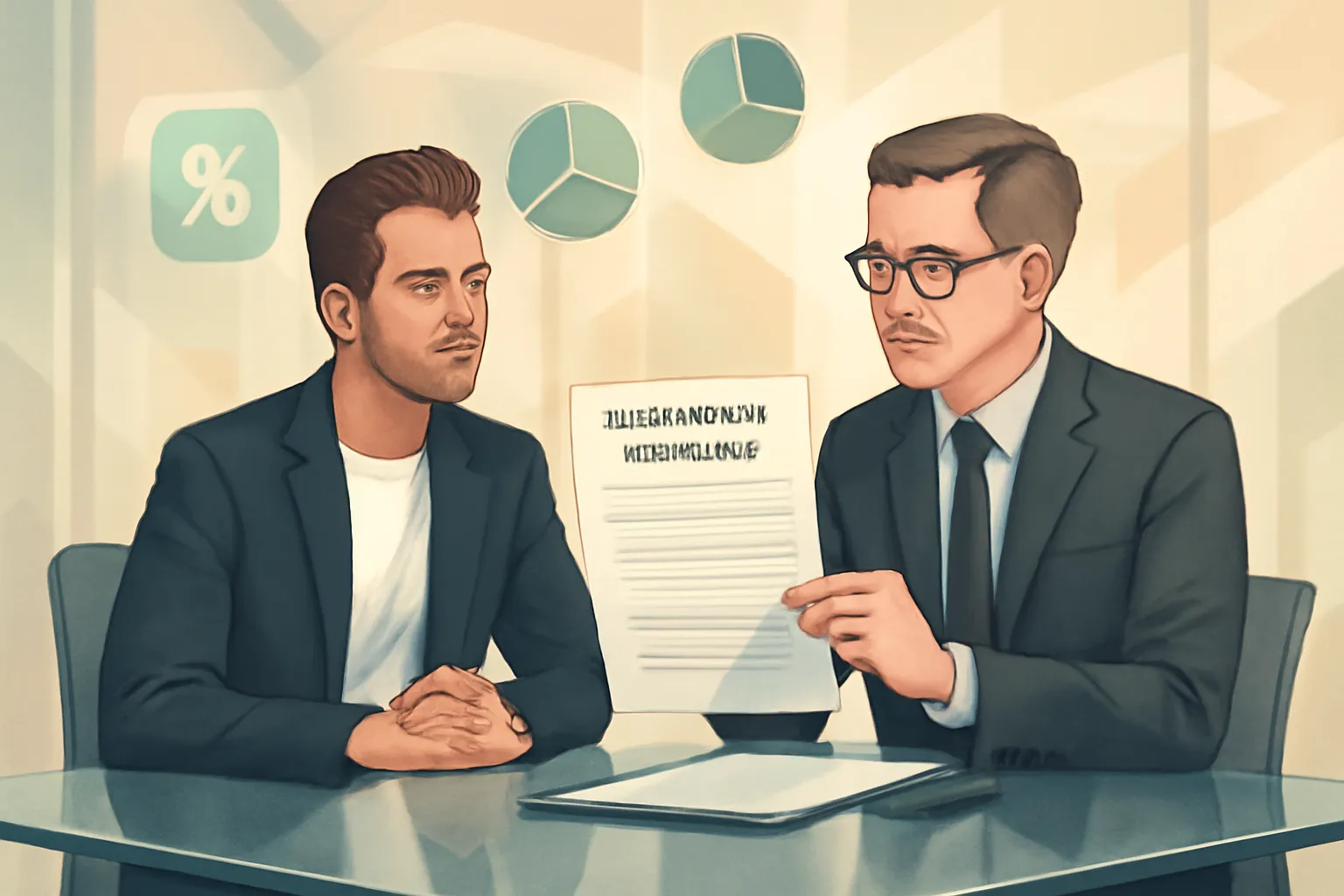 Startup founder and lawyer reviewing convertible note agreement with financial symbols floating