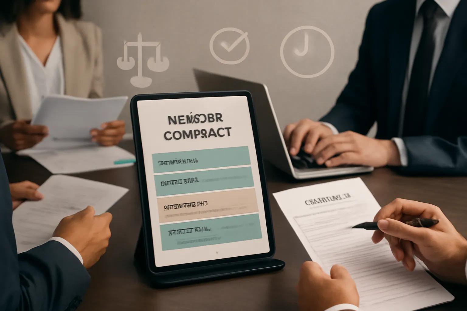 Collaborative business team reviewing a detailed vendor contract template on a digital tablet in a modern workspace.