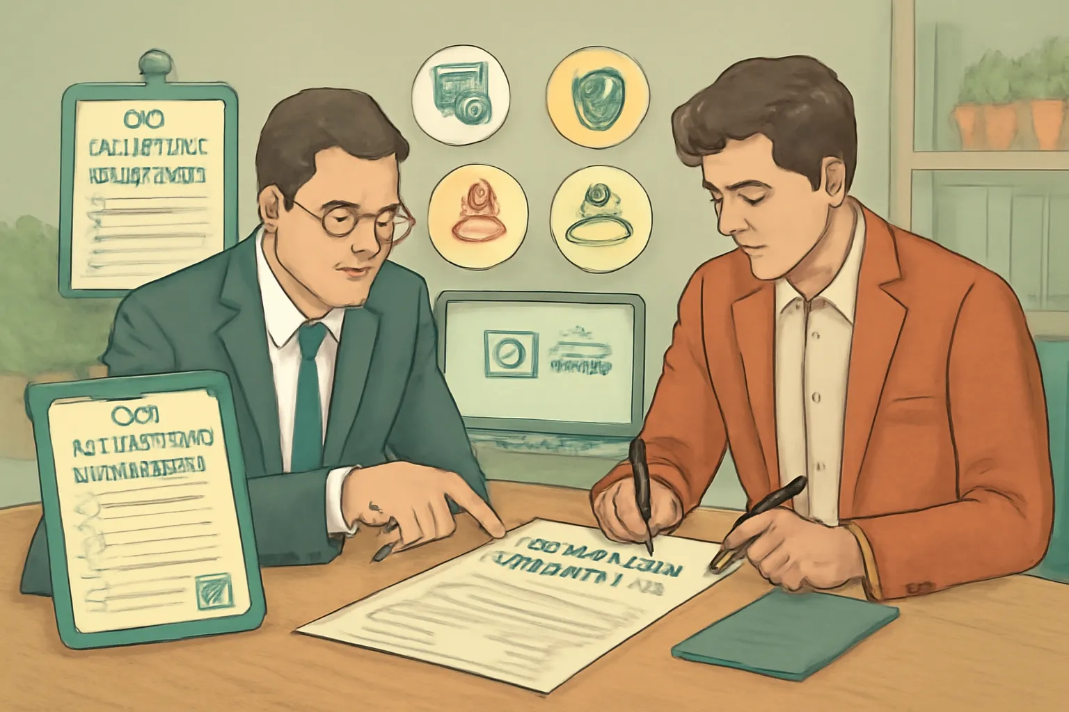 Food vendor contract consultation between lawyer and startup founder in a professional office.