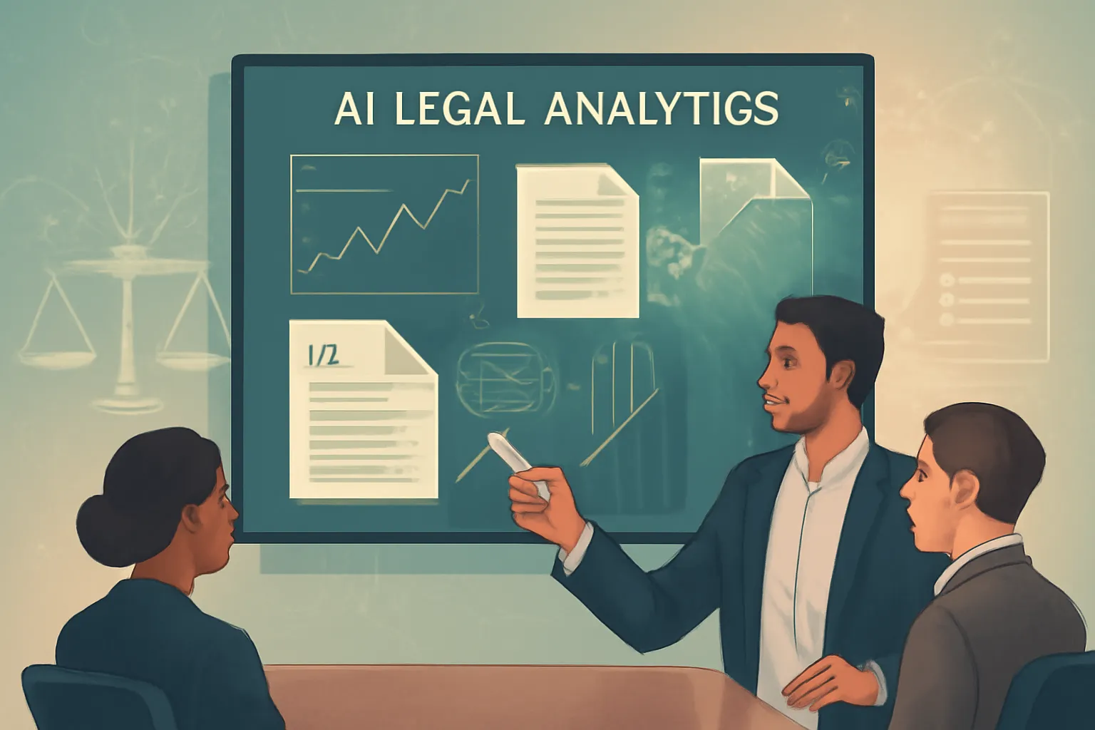 Professionals reviewing AI-driven legal analytics on a digital screen in a modern office.