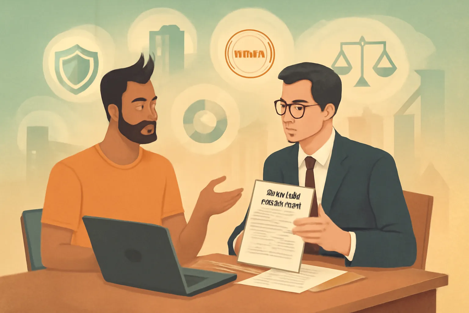 Startup founder consulting lawyer with legal documents and icons of business and legal concepts.