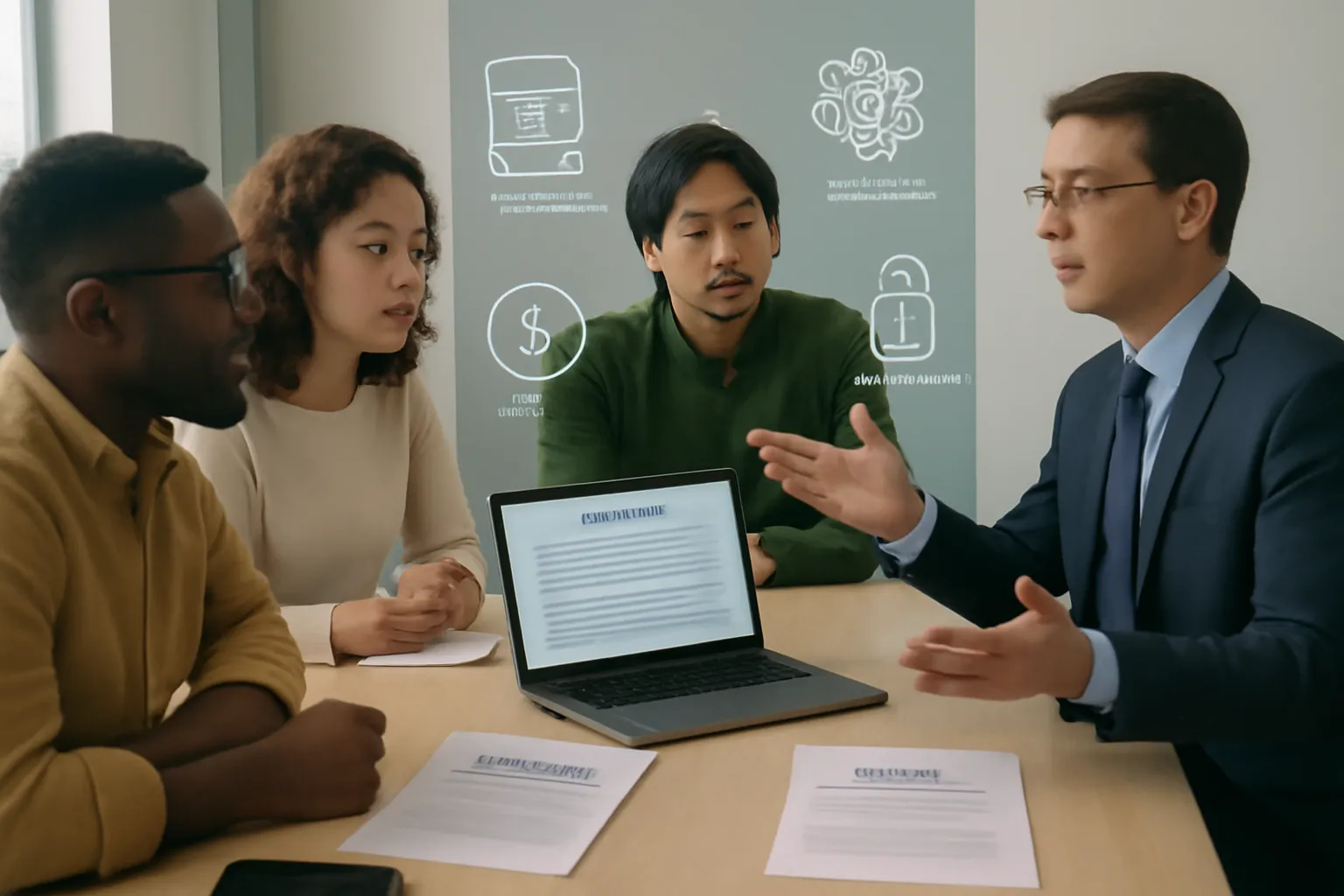 Startup team and lawyer discussing detailed service agreement at modern office table.