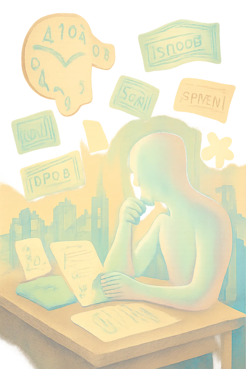 Nostalgic surreal image of a person surrounded by floating stock options, tax symbols, and a melting clock.
