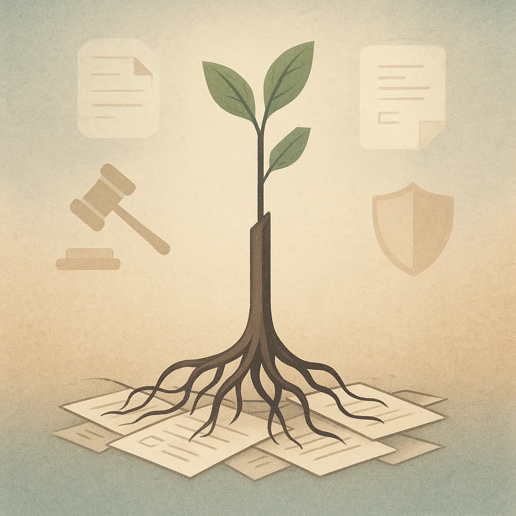 Abstract illustration of a startup's growth transition symbolized by a structured tree and legal icons.