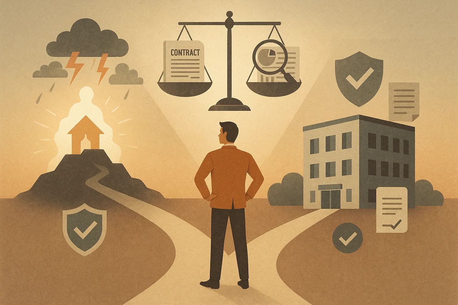 Illustration of entrepreneur choosing between startup risks and stable business with legal expertise support