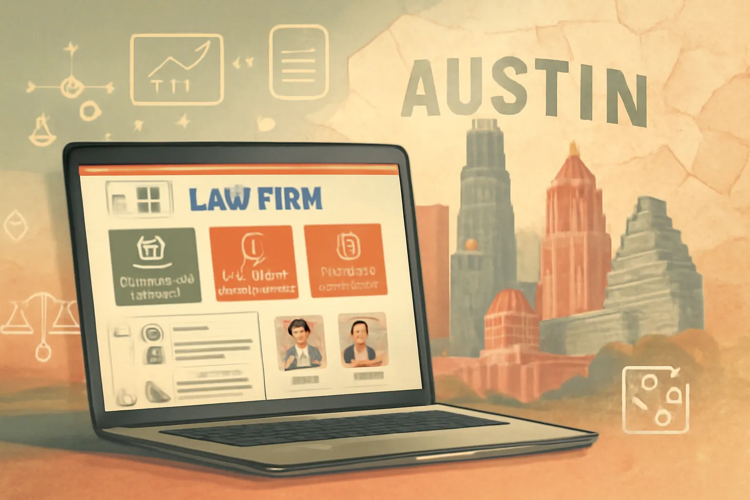 Modern laptop showing Austin law firm website with startup legal resources and city skyline background