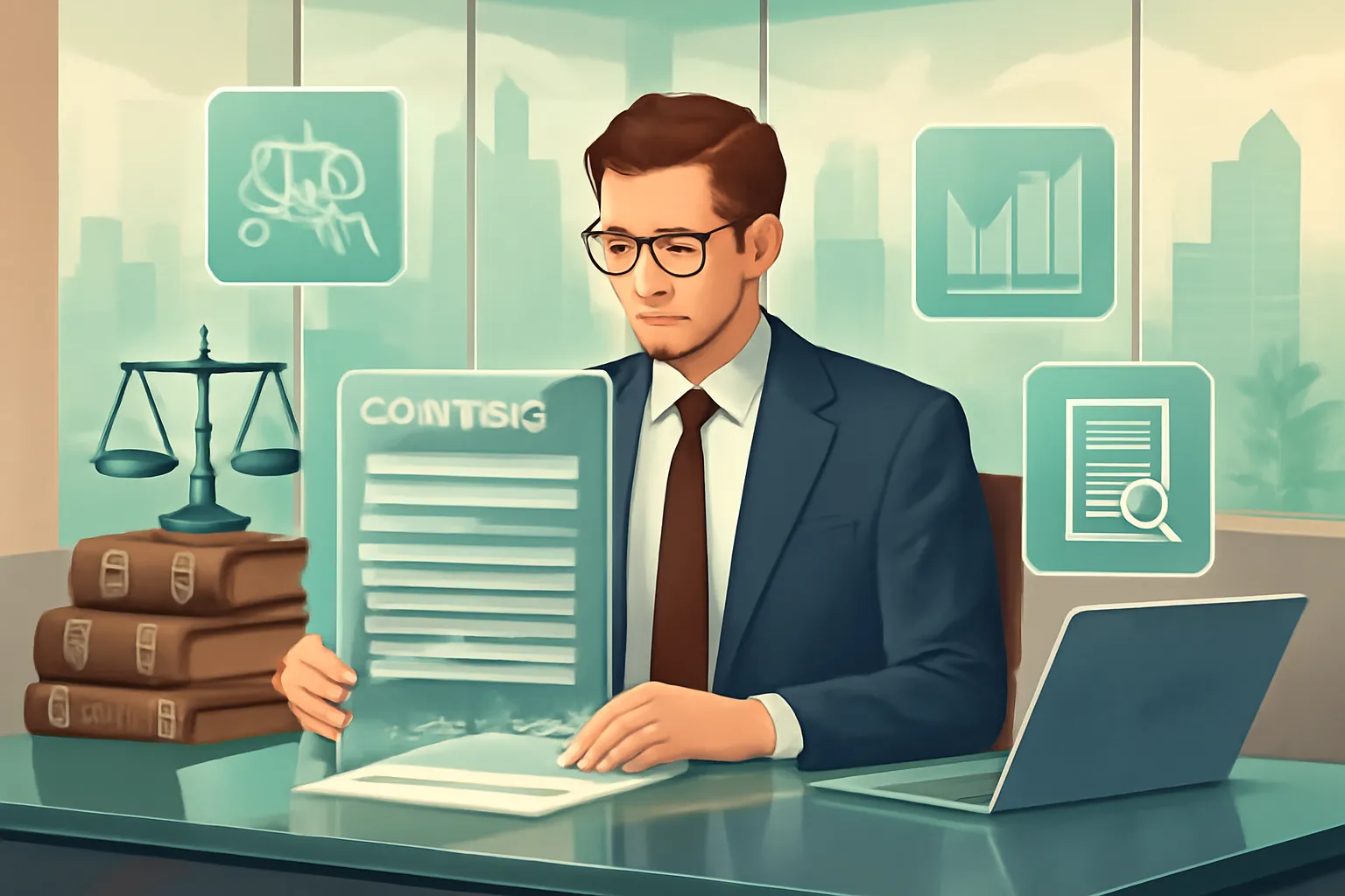 Lawyer using AI-powered digital tools for contract review and legal analytics in a modern office.