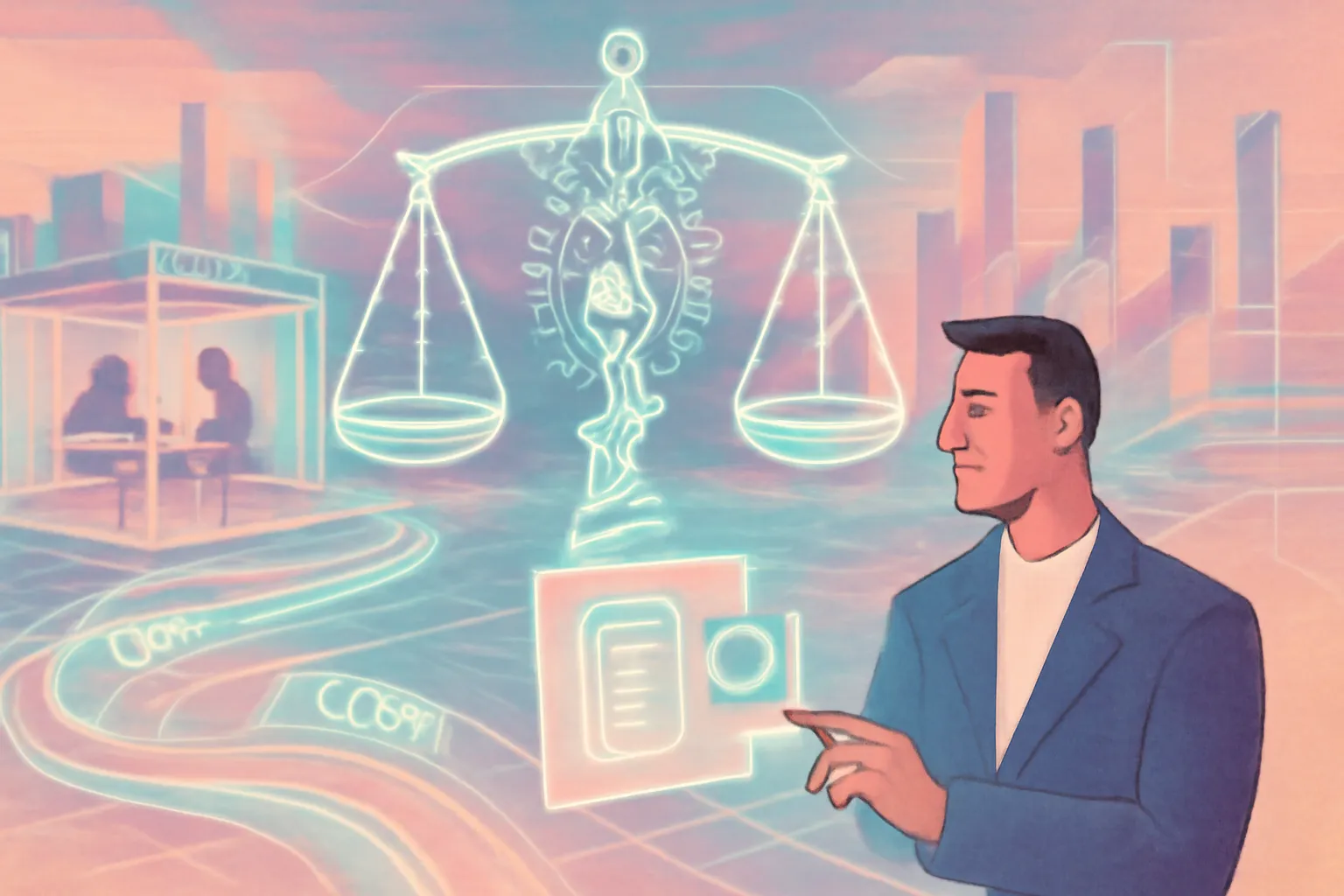 Surreal digital scene showing AI, blockchain, and virtual law firms transforming future legal services