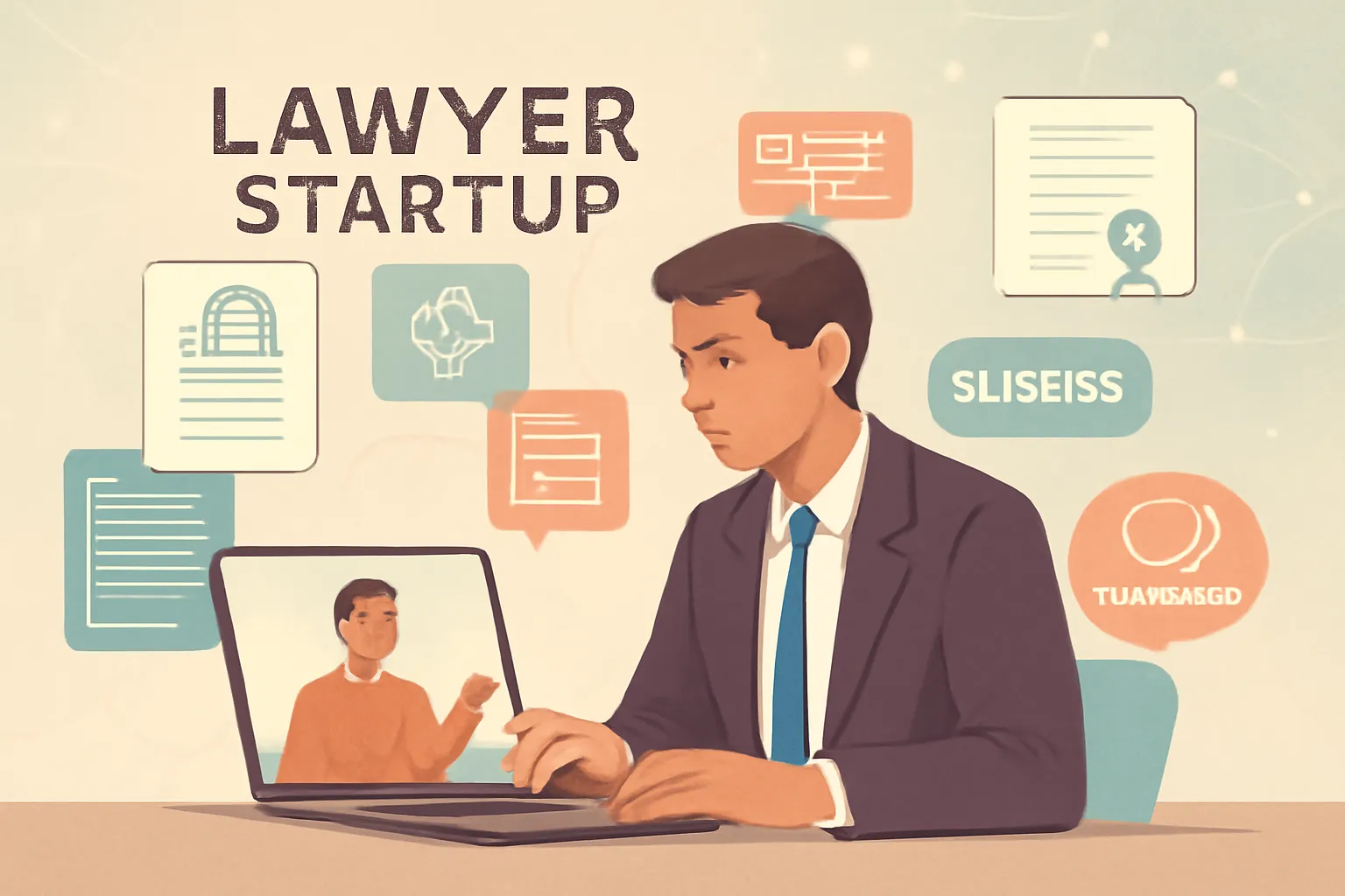 Modern lawyer engaging a startup founder via virtual consultation with legal icons around