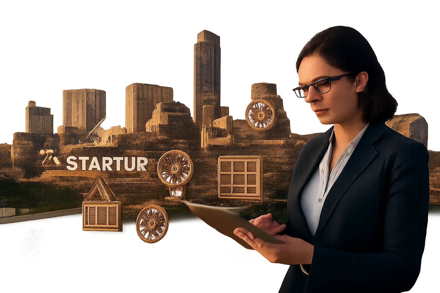 Austin cityscape with a lawyer supporting startups amid legal and tech icons.