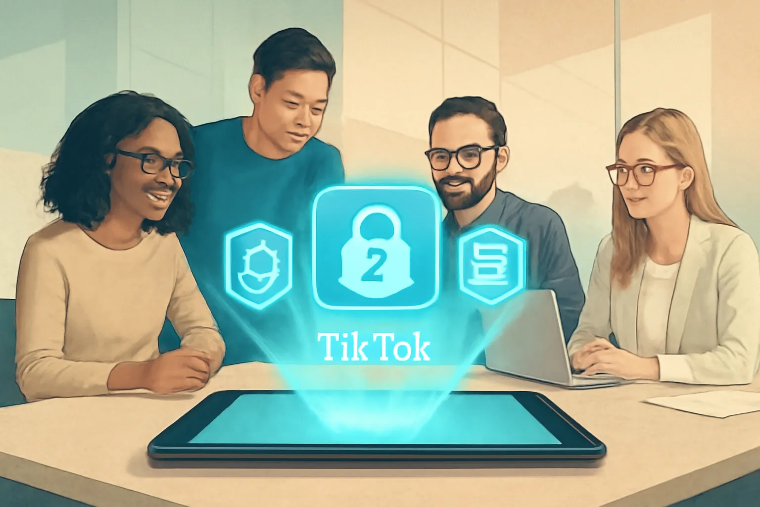 Tech professionals reviewing TikTok ban legal and security hologram in modern office setting
