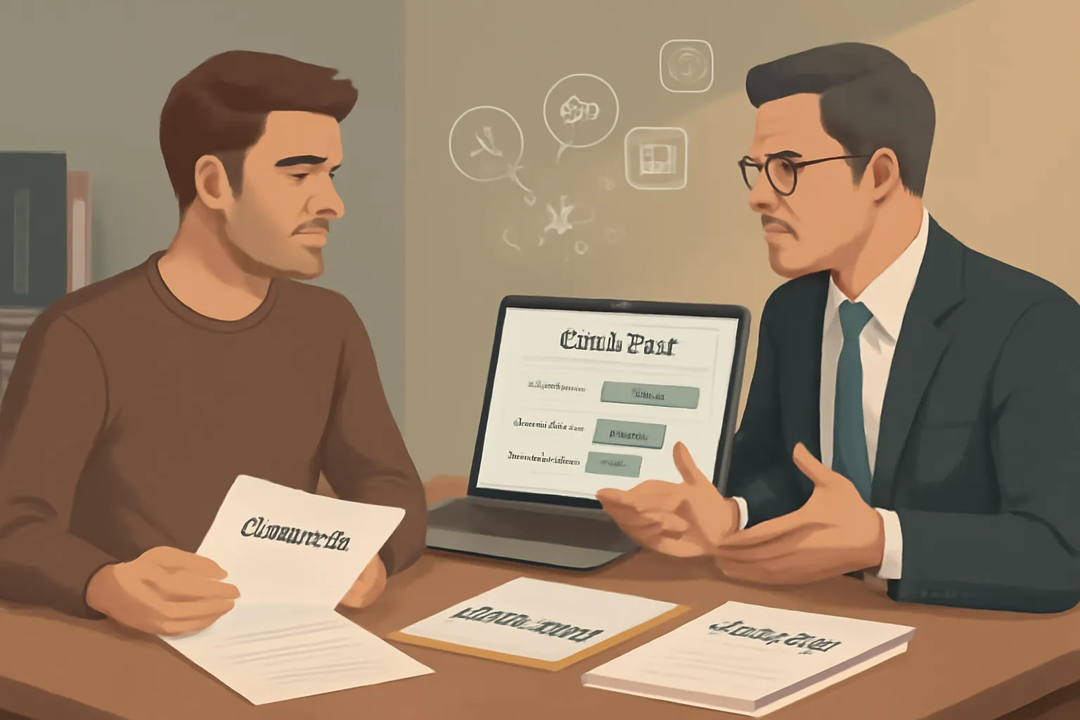 Startup founder consulting lawyer on legal fees and contracts in a modern office setting.
