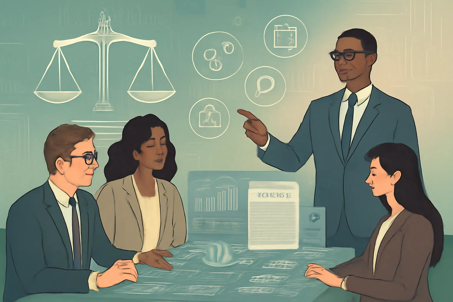 Futuristic office with business leaders and lawyer using legal tech tools around a digital table.