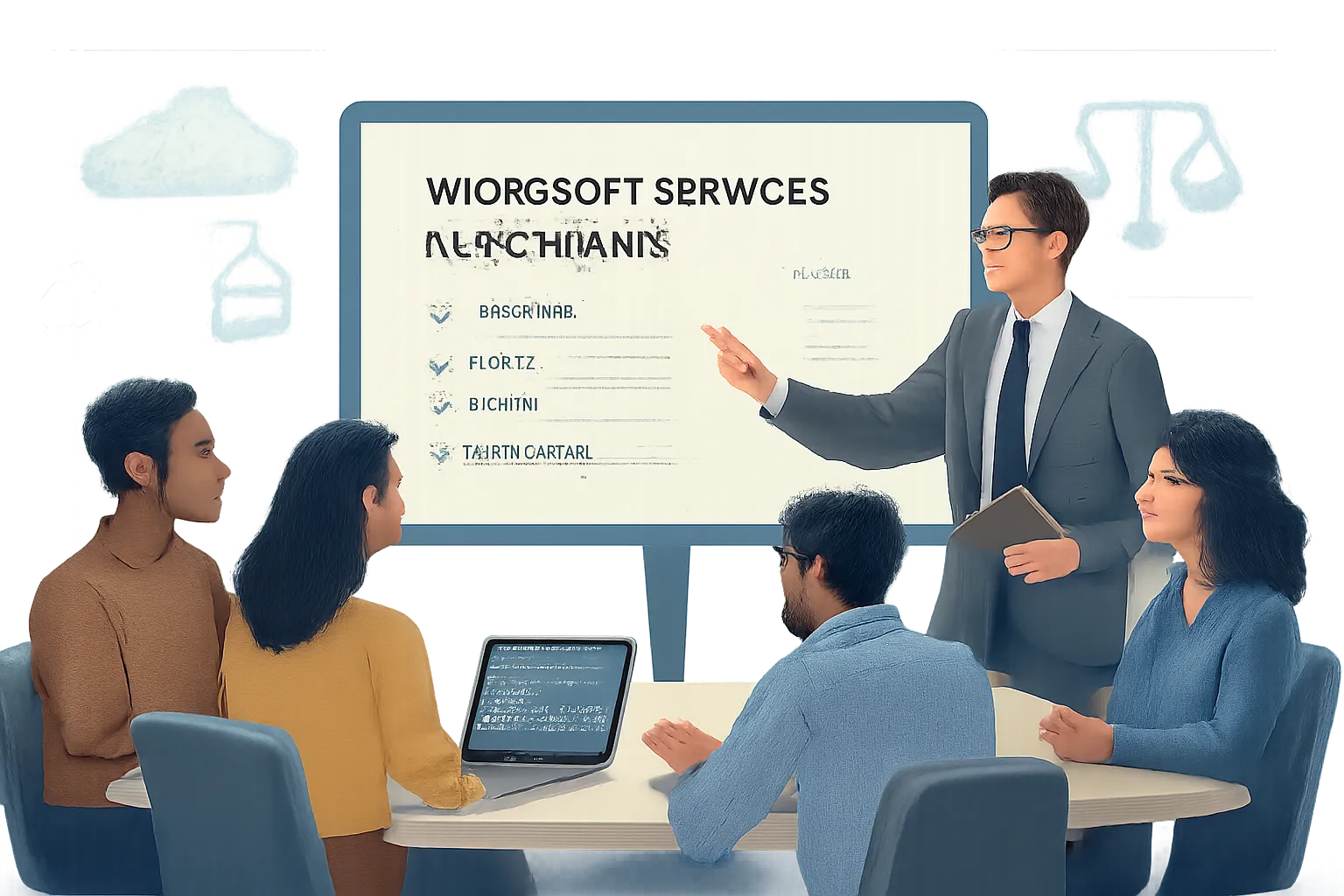 Startup team with lawyer reviewing Microsoft Services Agreement and cloud service icons.