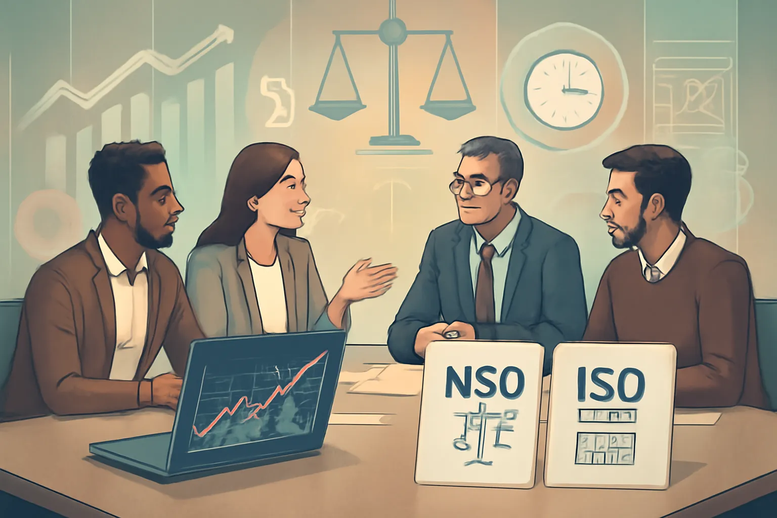 Startup team discussing NSO and ISO stock option strategies with legal and tax visuals