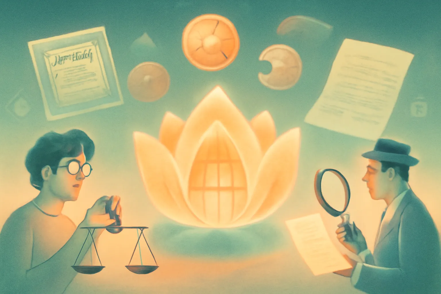 Surreal vintage scene symbolizing startup anti-dilution protection with founders, investors, and contracts.