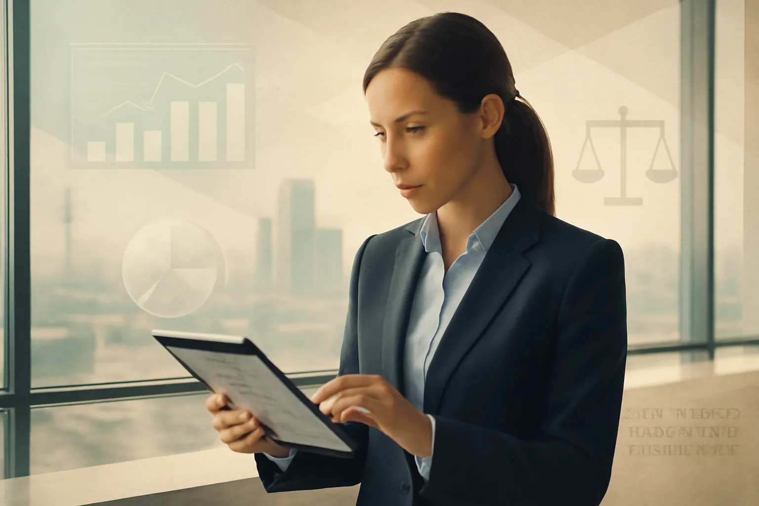 Modern office with businessperson reviewing financial reports illustrating transparency and compliance