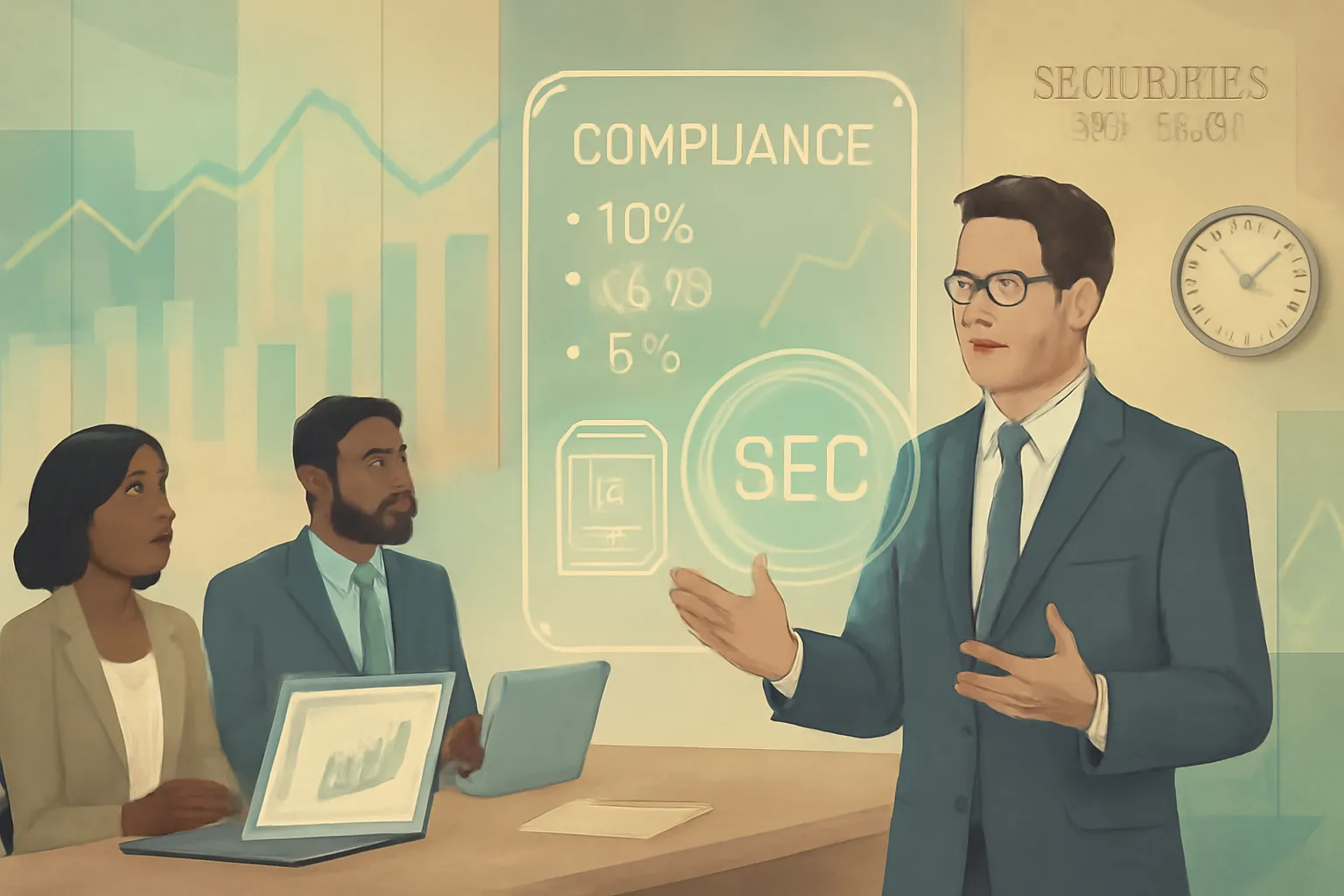 Startup team reviewing securities compliance with lawyer and financial reports in modern office