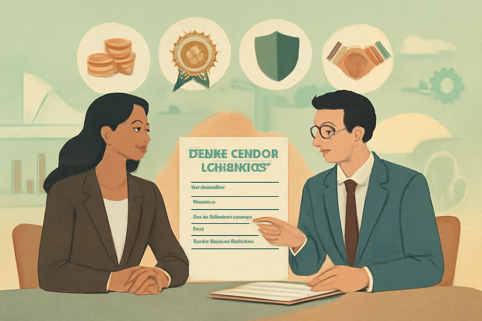 Businesswoman and lawyer reviewing prime vendor contract with symbolic icons and documents.