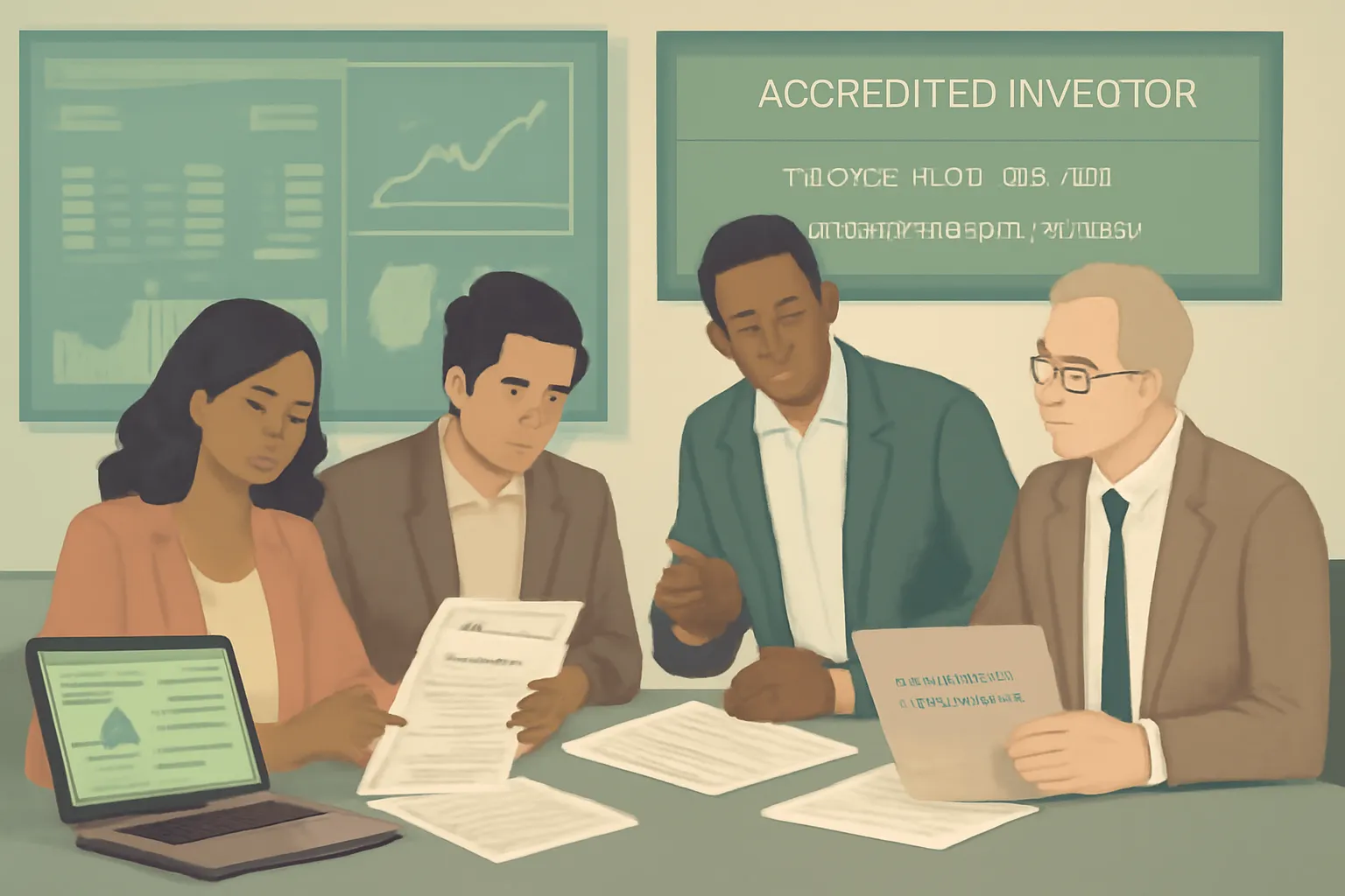 Startup founders and lawyers reviewing investment documents under Rule 506(c) regulations in office.
