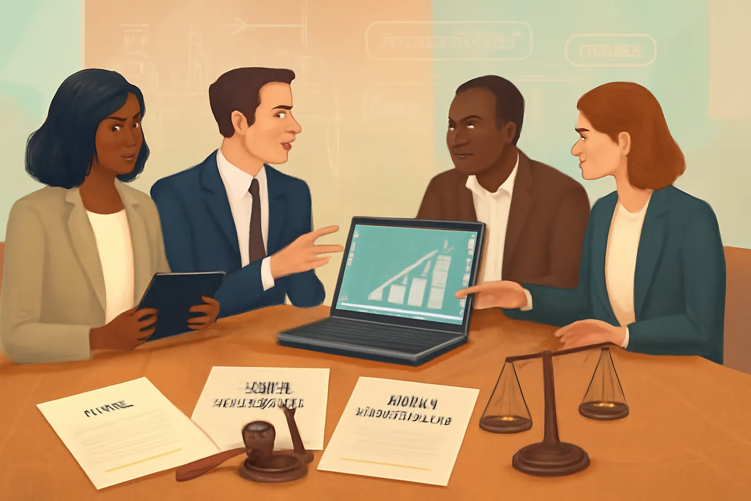 Startup meeting with legal documents and investors discussing SeriesSeed financing terms.