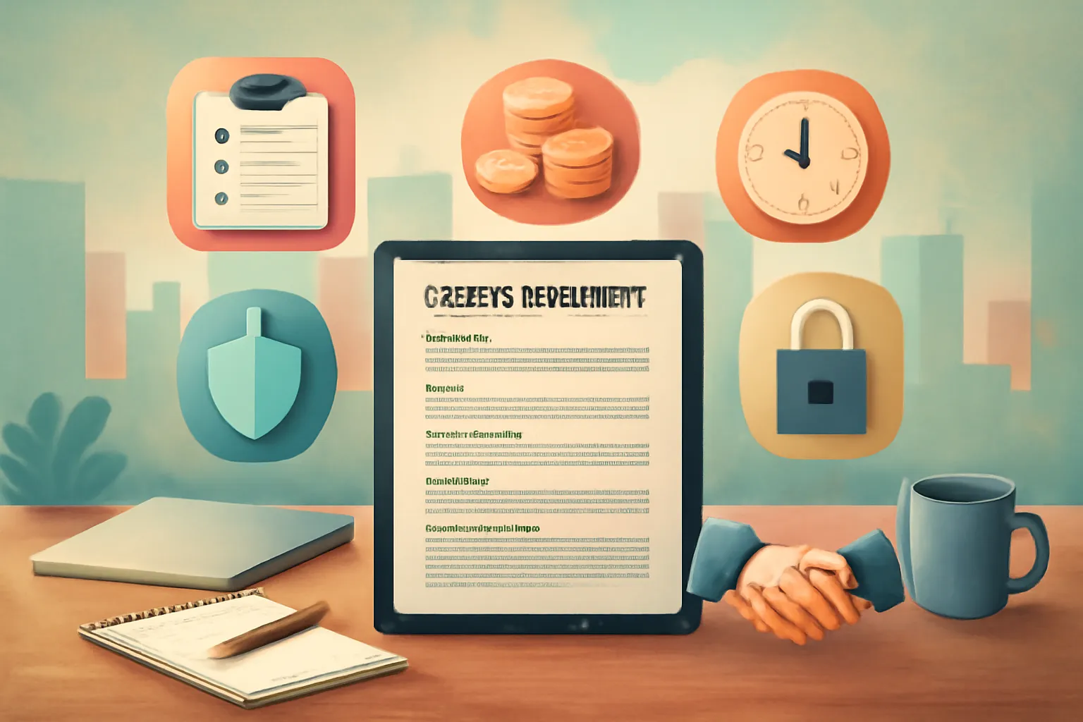 Startup workspace with floating icons of contract elements in a pastel surreal style.