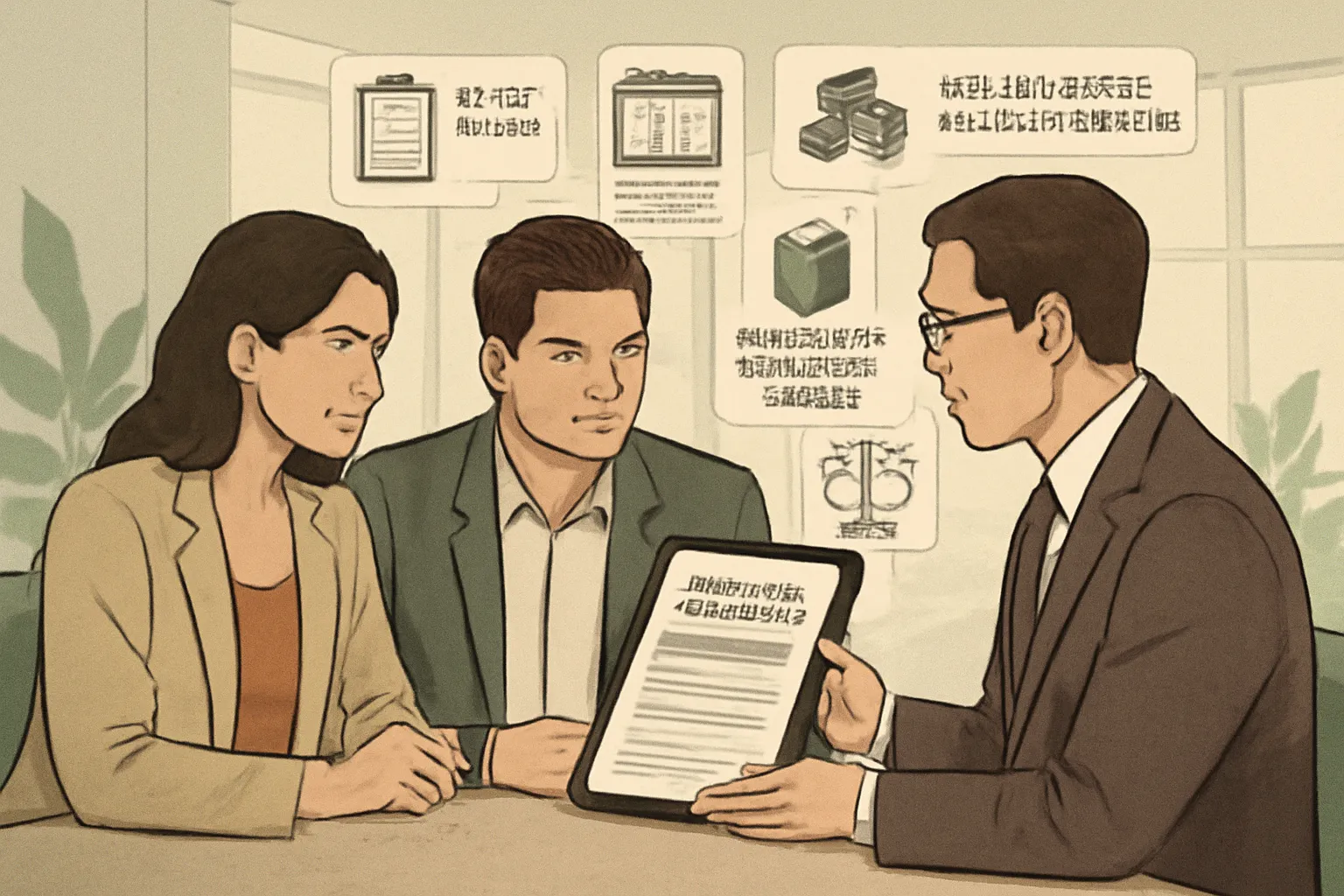 Startup founders reviewing a service contract agreement with legal counsel in a modern office.