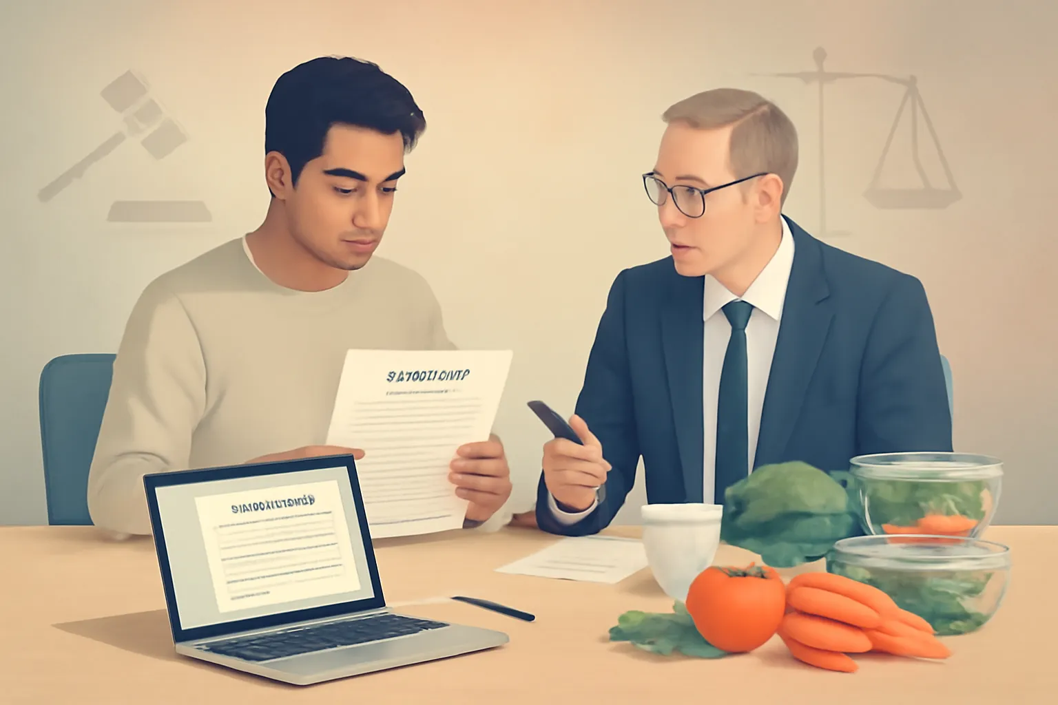 Startup founder and lawyer reviewing food vendor contract at a workspace with fresh food.