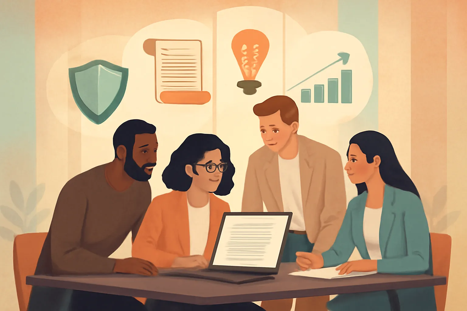 Startup team collaborating with floating legal icons symbolizing contracts, IP, and protection.