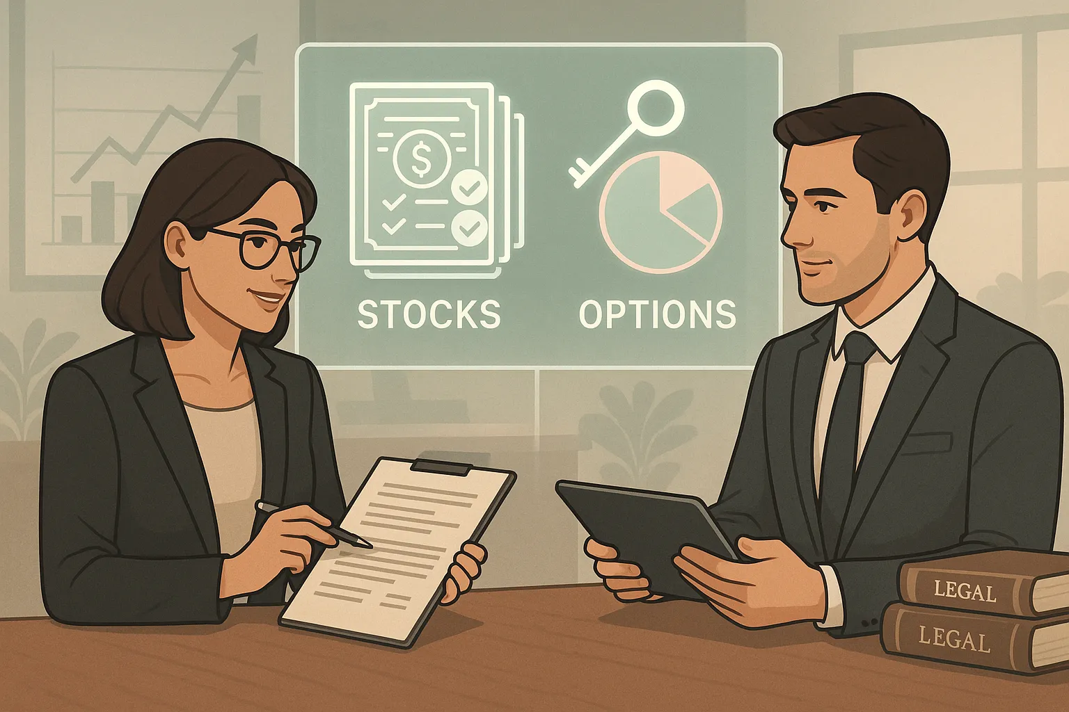 Business meeting showing stocks and options icons symbolizing equity and legal guidance