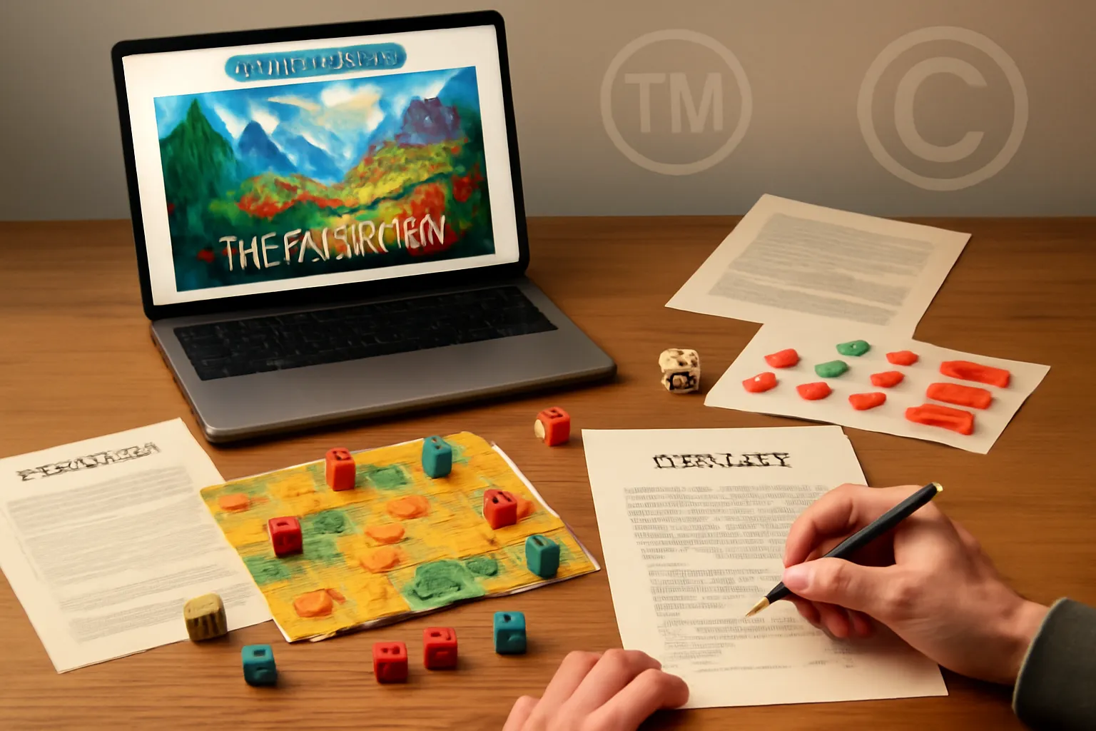 Workspace with tabletop game prototype, legal contracts, and Kickstarter campaign on laptop.