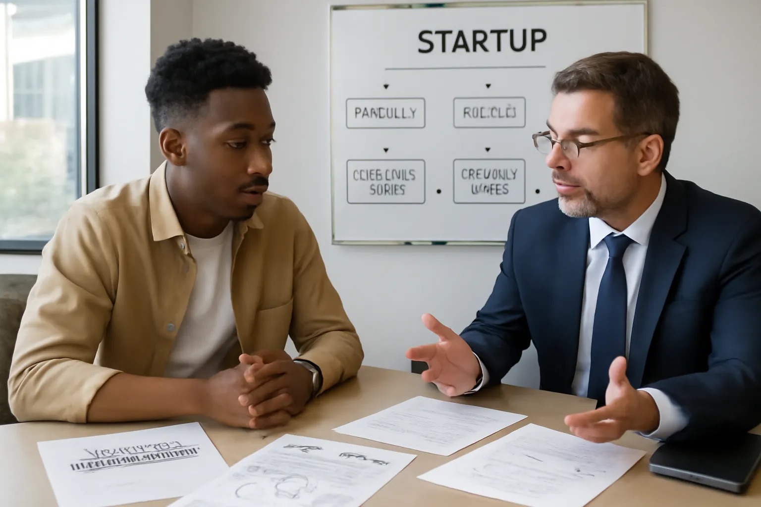 First-time founder consulting legal counsel about startup documents and business structure.