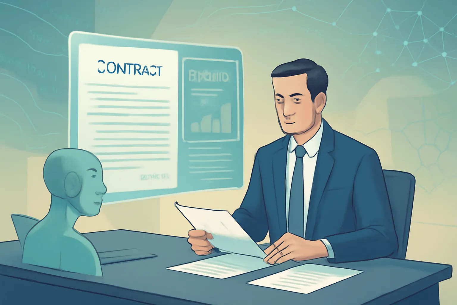 Minimalist futuristic legal office showing human lawyer collaborating with AI holographic interface