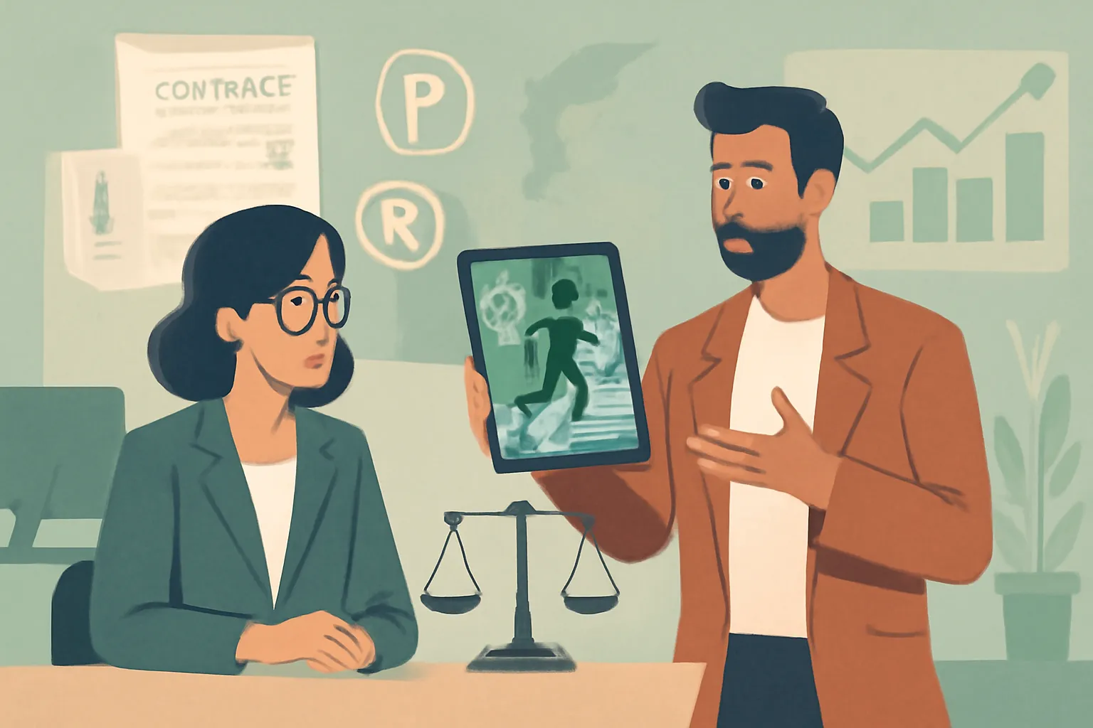 Stylized office scene showing sports lawyers guiding startups with contracts and sports tech visuals.