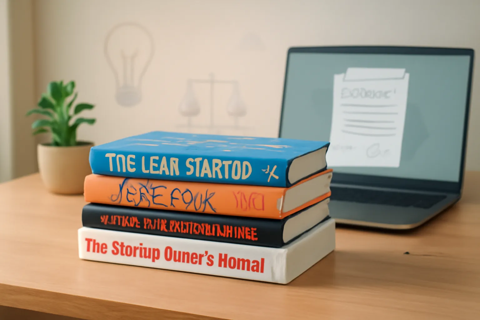 Desk with essential startup books and legal symbols for first-time founders