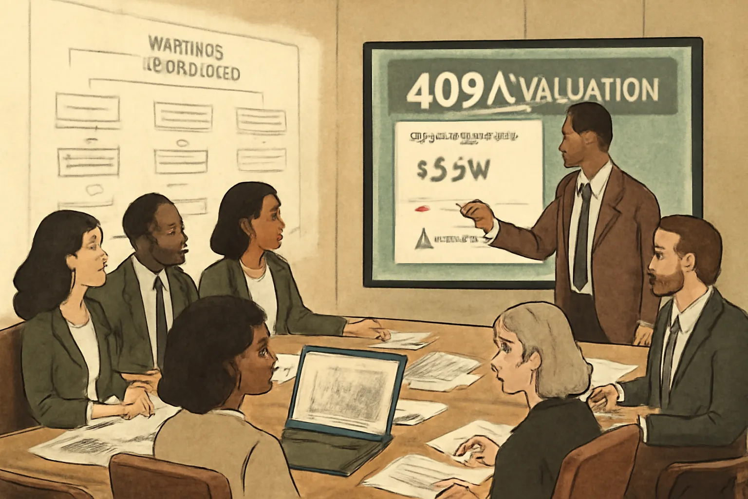 Entrepreneurs and legal experts discussing 409A valuation documents around a conference table.