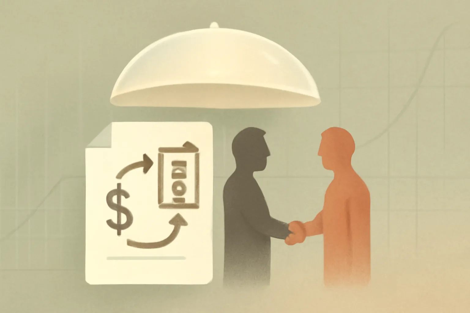 Minimalist vintage-style illustration showing convertible notes with valuation cap and investor-founder handshake