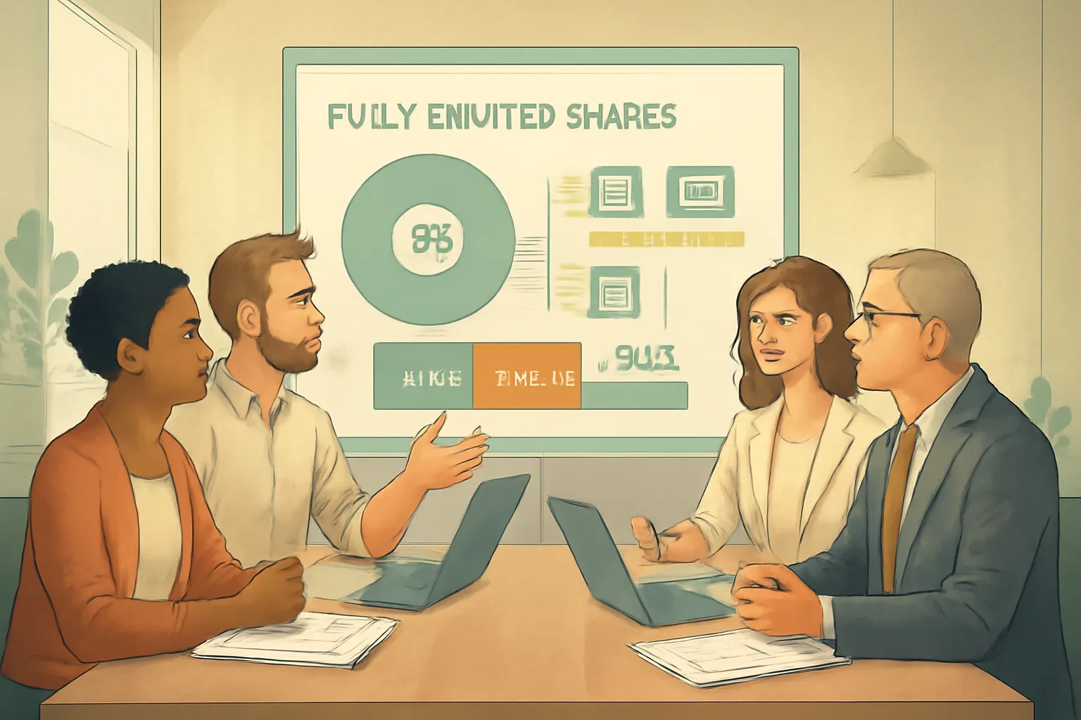 Startup team reviewing fully diluted shares infographic with a corporate lawyer in modern office.